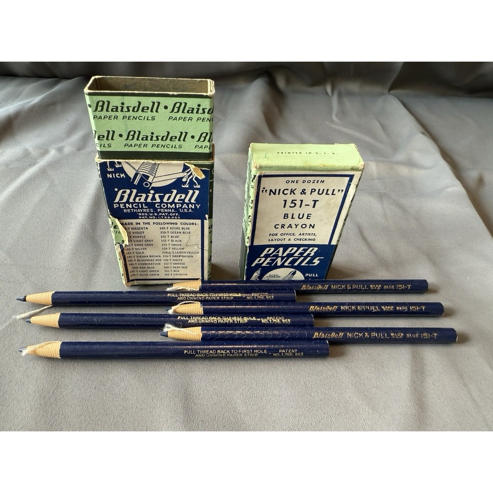 Antique VTG Blaisdell Pencil Co 151-T BLUE Nick & Pull Thread Paper Pencil‎ 6pcs